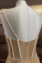 Shiny A Line Spaghetti Straps Gold Prom Dress Long, Sweetheart Neck Golden Formal Dress, Gold Tulle Evening Dress WT1856