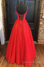 Shiny A Line V Neck Black Red Long Prom Dress, V Neck Backless Long Formal Evening Dress