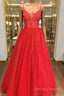 Shiny A Line V Neck Black Red Long Prom Dress, V Neck Backless Long Formal Evening Dress