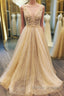 Shiny A Line V Neck Champagne Flowers Long Prom Dress, Champagne V Neck Long Formal Evening Dress