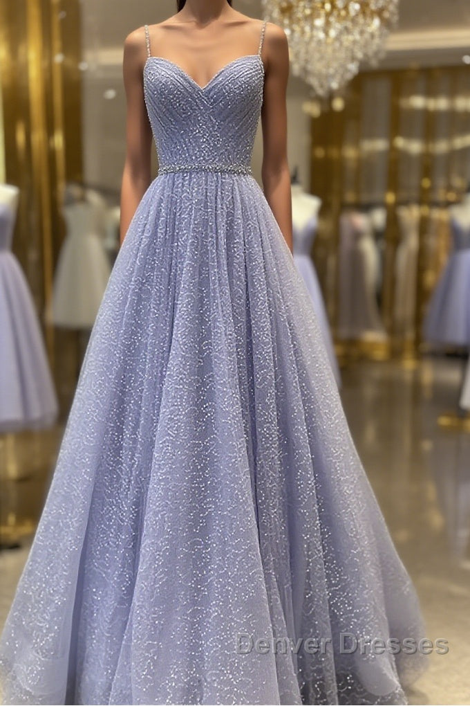 Shiny A Line V Neck Purple Lace Prom Dress, A Line V Neck Purple Lace Formal Evening Dress Main image