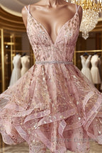 Shiny A Line V Neck Short Champagne Lace Prom Dress, Short Champagne Lace Formal Homecoming Dress