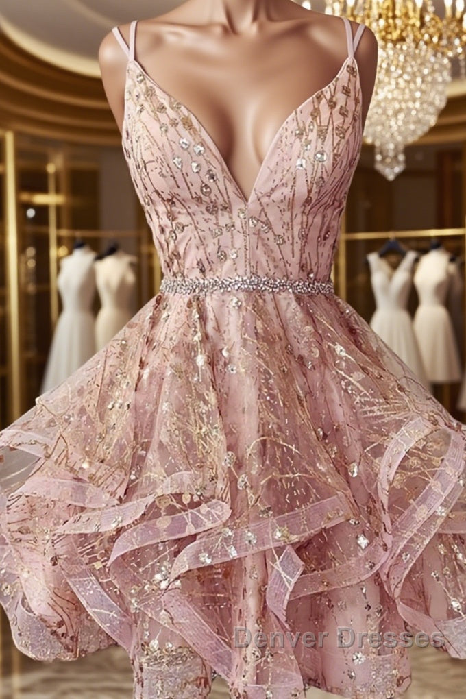 Shiny A Line V Neck Short Champagne Lace Prom Dress, Short Champagne Lace Formal Homecoming Dress