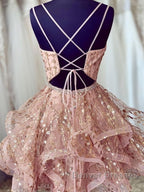 Shiny A Line V Neck Short Champagne Lace Prom Dress, Short Champagne Lace Formal Homecoming Dress