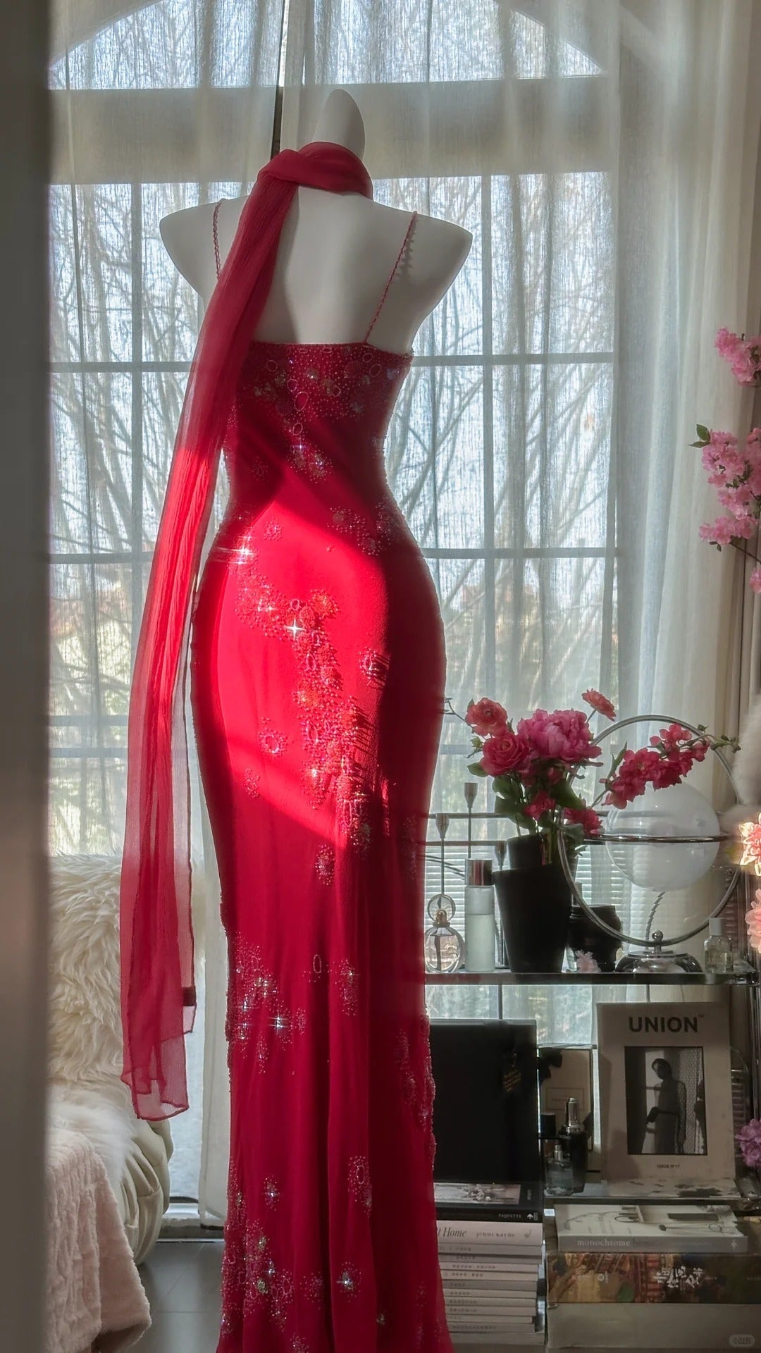 Shiny Beaded Red Mermaid Chiffon Evening Gown Prom Dress