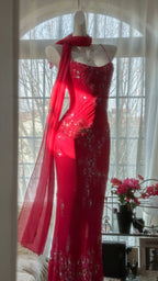 Shiny Beaded Red Mermaid Chiffon Evening Gown Prom Dress