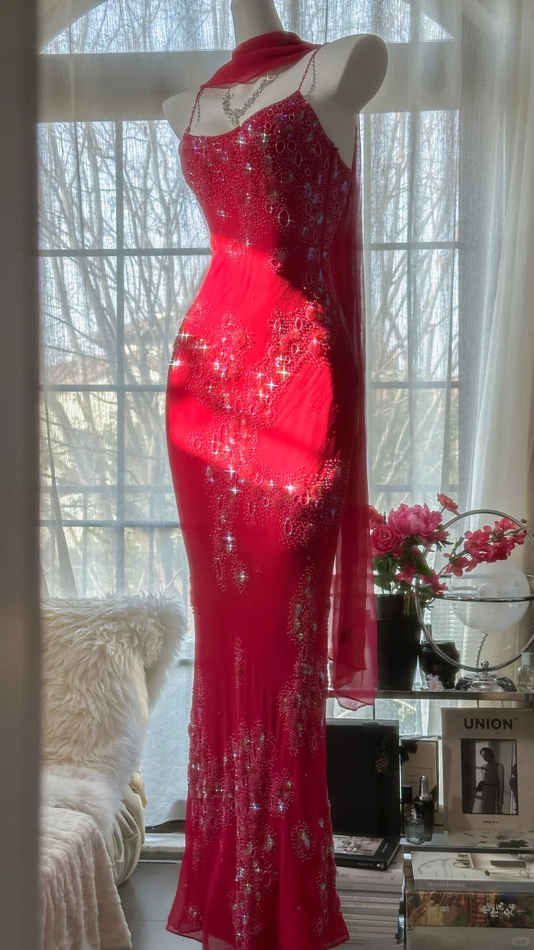 Shiny Beaded Red Mermaid Chiffon Evening Gown Prom Dress Main image