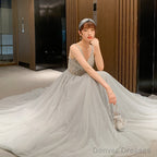 Shiny Beaded V Back Tulle Long Prom Dress , Charming Tulle Party Dresses