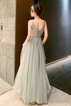 Shiny Beaded V Back Tulle Long Prom Dress , Charming Tulle Party Dresses