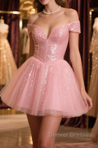 Shiny Beadings Off the Shoulder Pink Short Homecoming Prom Dress, Off Shoulder Pink Beaded Formal Graduation Evening Dress