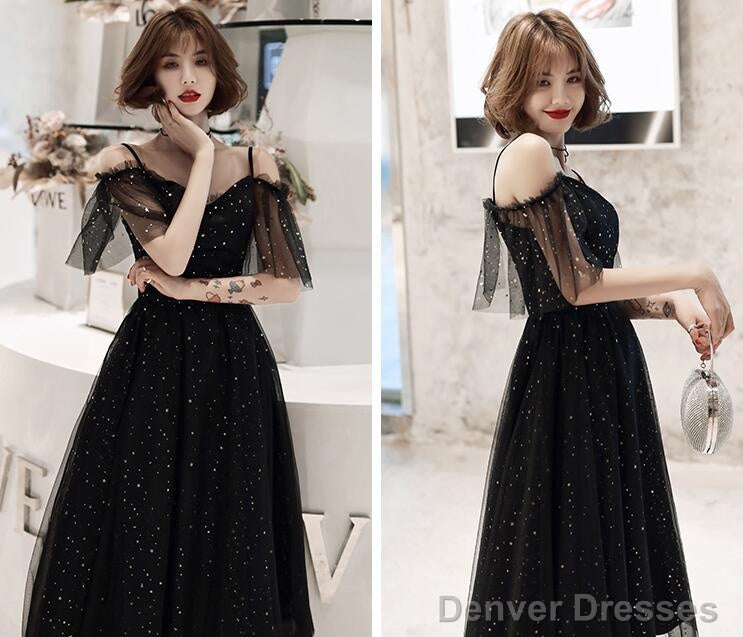 Shiny Black Off Shoulder Tea Length Party Dress Prom Dress, Black Homecoming Dresses