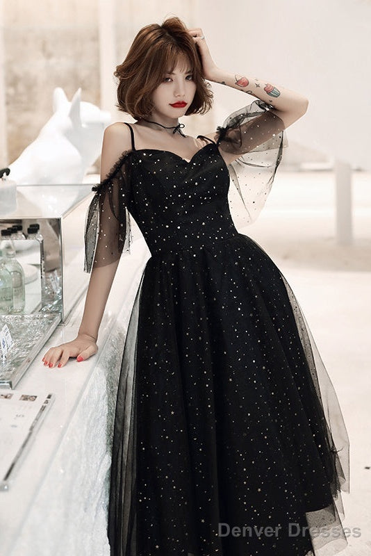 Shiny Black Off Shoulder Tea Length Party Dress Prom Dress, Black Homecoming Dresses