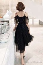 Shiny Black Off Shoulder Tea Length Party Dress Prom Dress, Black Homecoming Dresses