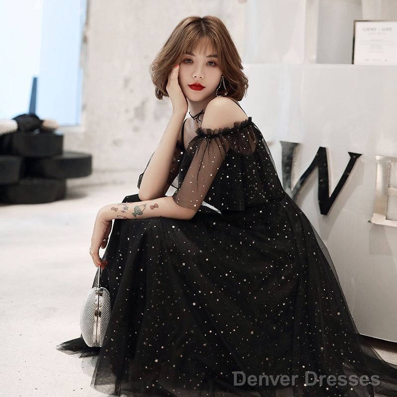 Shiny Black Off Shoulder Tea Length Party Dress Prom Dress, Black Homecoming Dresses