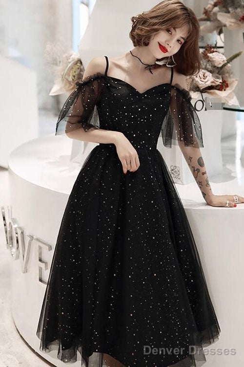 Shiny Black Off Shoulder Tea Length Party Dress Prom Dress, Black Homecoming Dresses Main image