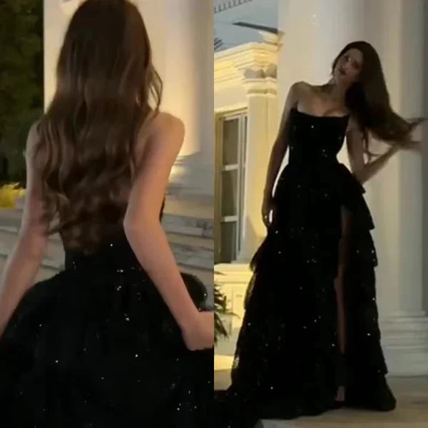 Shiny Black Strapless A-Line Sequin Slit Long Prom Dress Formal Evening Gowns
