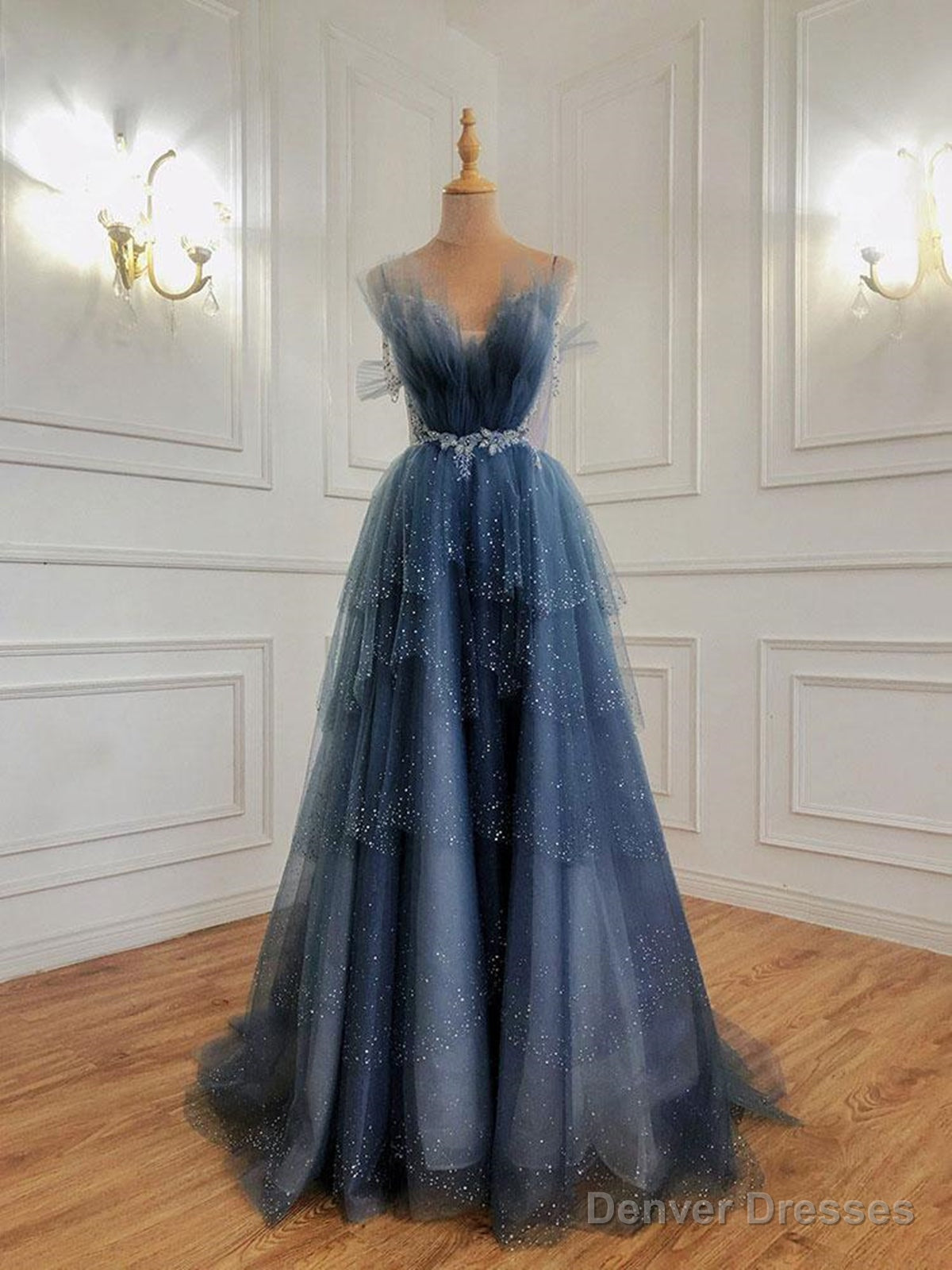 Shiny Blue Beaded Puffy Long Prom Dresses, Blue Beaded Long Formal Graduation Dresses Main image