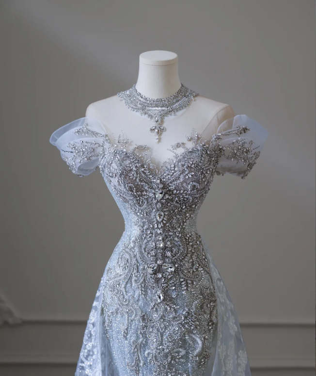 Shiny Blue Mermaid Rhinestone Lace Tulle Wedding Dress with Train Secondary image