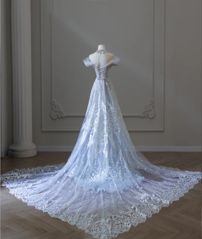 Shiny Blue Mermaid Rhinestone Lace Tulle Wedding Dress with Train