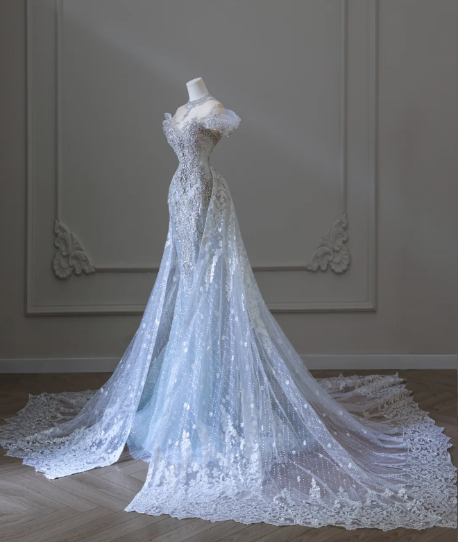 Shiny Blue Mermaid Rhinestone Lace Tulle Wedding Dress with Train Main image