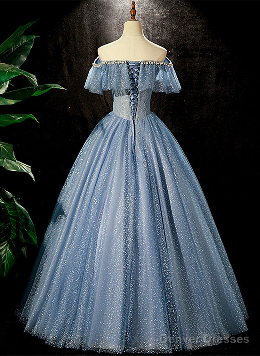 Shiny Blue Off Shoulder Beaded Long Party Dress, Blue A-line Prom Dress Secondary image