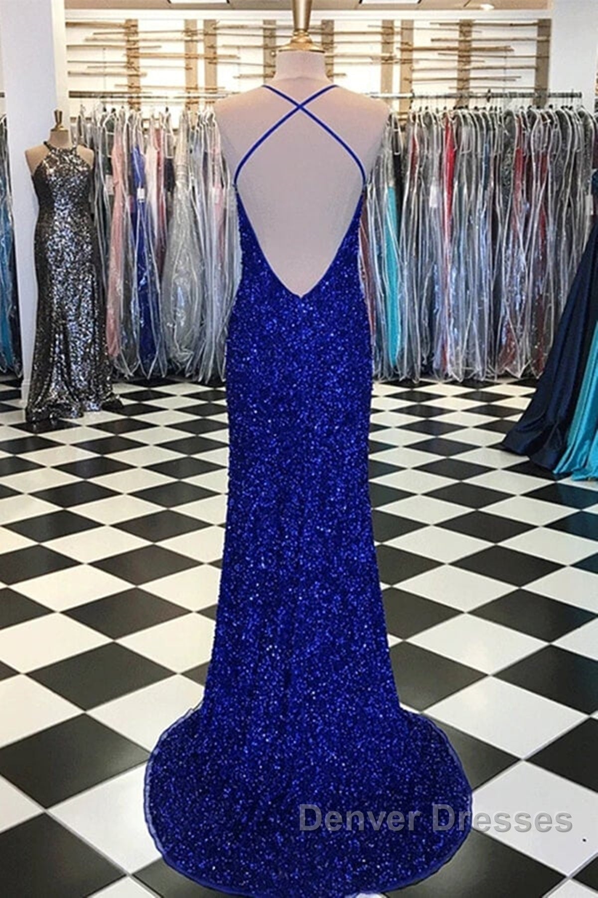 Shiny Blue Sequins Mermaid Backless Long Prom Dress with High Slit, Mermaid Blue Formal Dress, Blue Evening Dress Secondary image