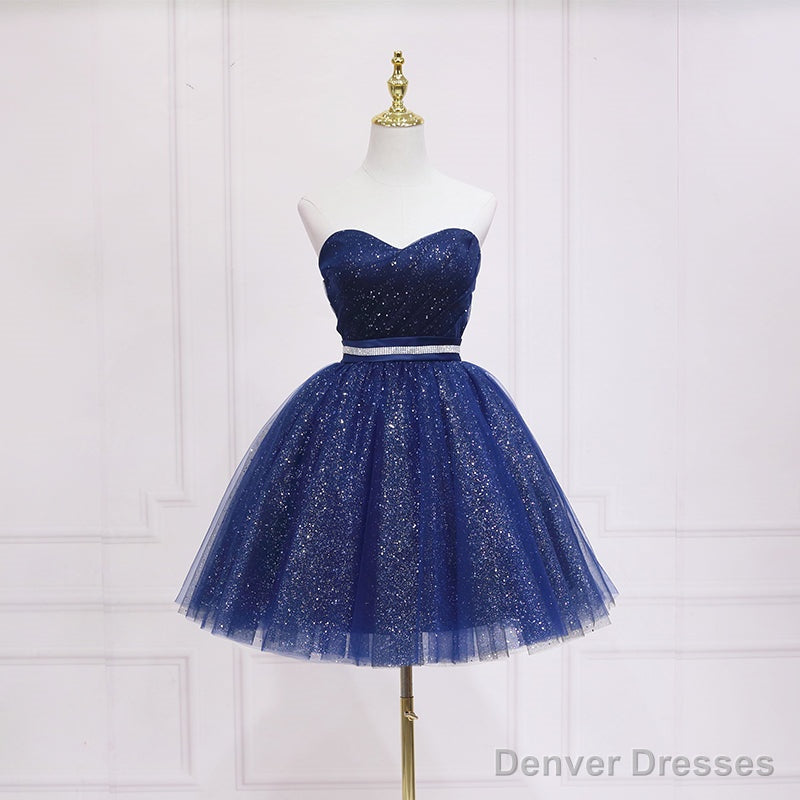 Shiny Blue Tulle Sweetheart Homecoming Dress Party Dress, Navy Blue Short Prom Dress