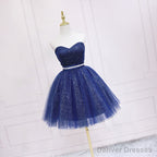 Shiny Blue Tulle Sweetheart Homecoming Dress Party Dress, Navy Blue Short Prom Dress