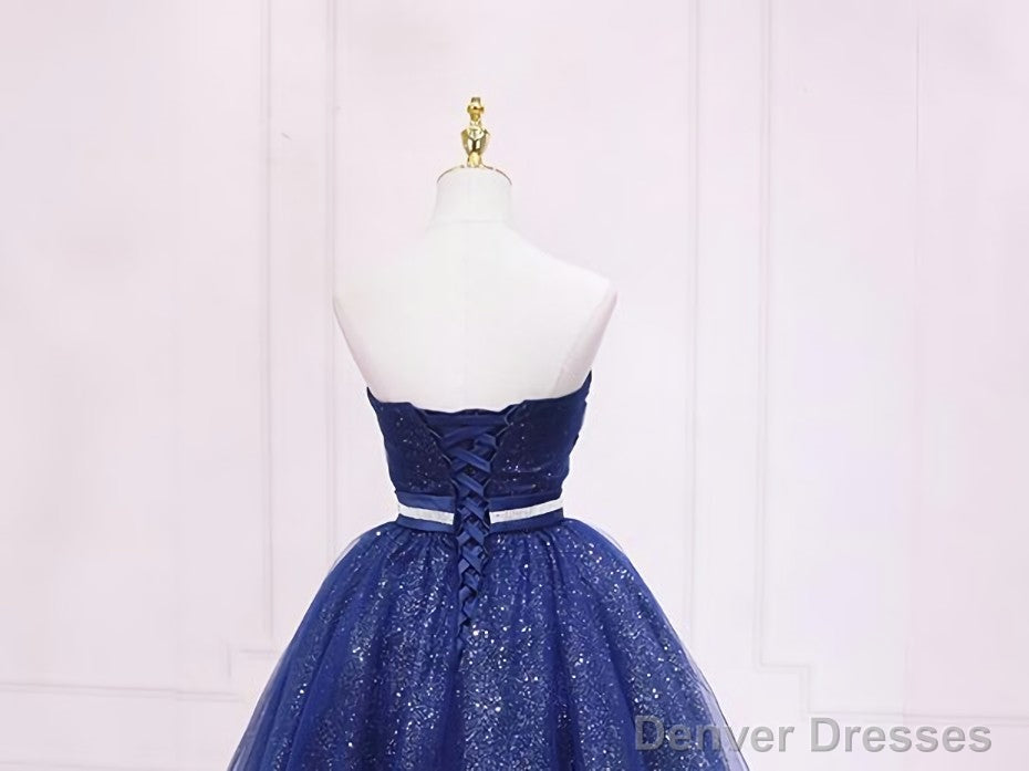 Shiny Blue Tulle Sweetheart Homecoming Dress Party Dress, Navy Blue Short Prom Dress