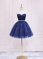 Shiny Blue Tulle Sweetheart Homecoming Dress Party Dress, Navy Blue Short Prom Dress