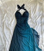 Shiny Chiffon Halter Sheath Prom Dress For Party&Birthday Elegant Blue Evening Gowns
