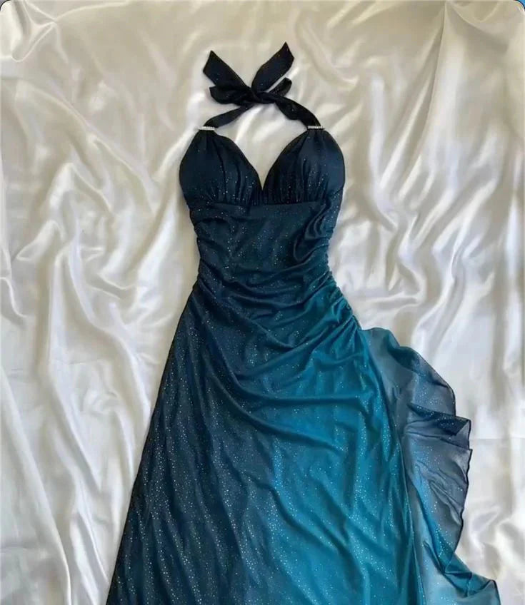 Shiny Chiffon Halter Sheath Prom Dress For Party&Birthday Elegant Blue Evening Gowns