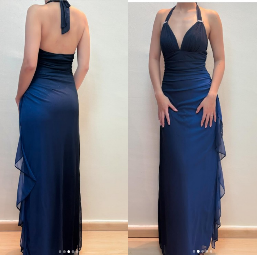 Shiny Chiffon Halter Sheath Prom Dress For Party&Birthday Elegant Blue Evening Gowns
