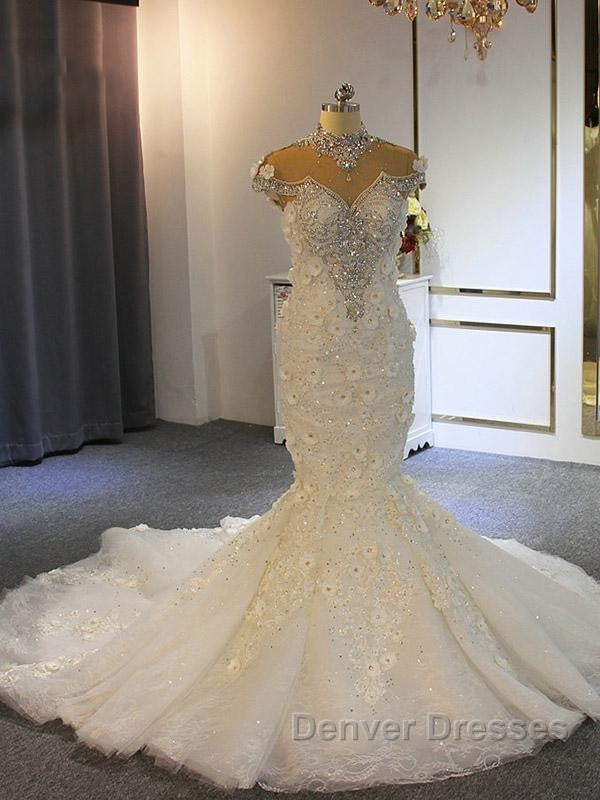 Shiny Crystal High Neck Floral Wedding Dress Sheer Tulle Sleeveless Mermaid Bridal Gowns