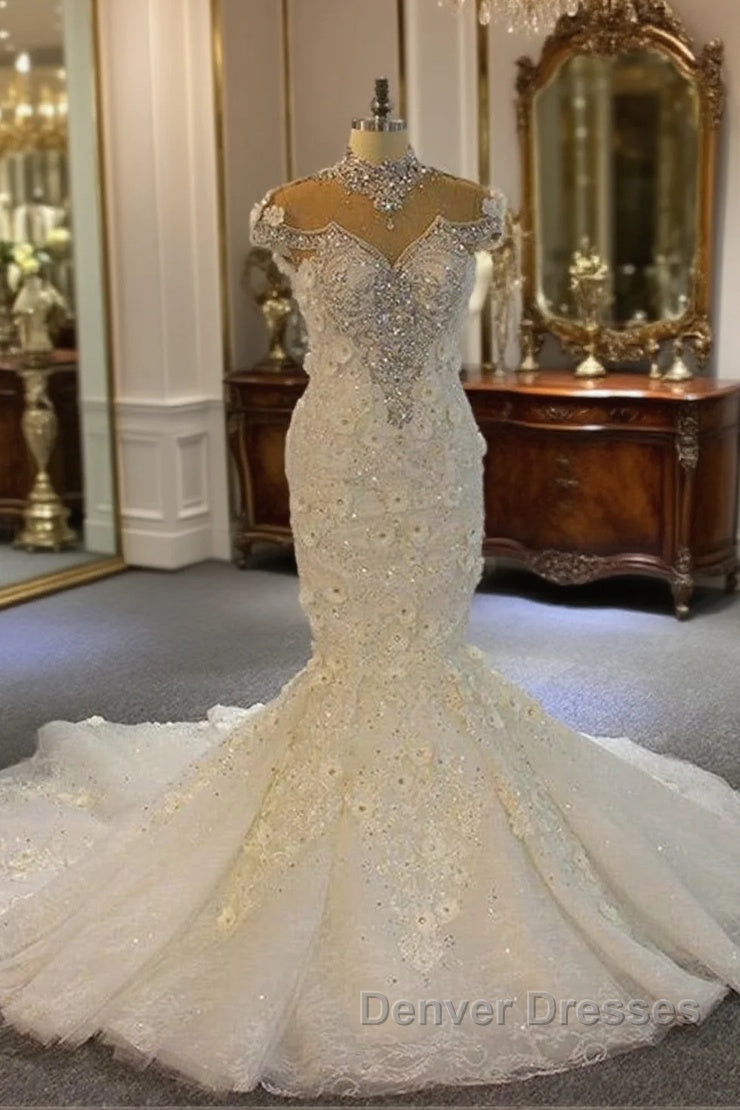 Shiny Crystal High Neck Floral Wedding Dress Sheer Tulle Sleeveless Mermaid Bridal Gowns Main image