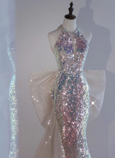Shiny Dreamy Iridescent Gradient Mermaid Halter Neck Bow Sequin Long Prom Dress Evening Dress Secondary image