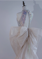Shiny Dreamy Iridescent Gradient Mermaid Halter Neck Bow Sequin Long Prom Dress Evening Dress