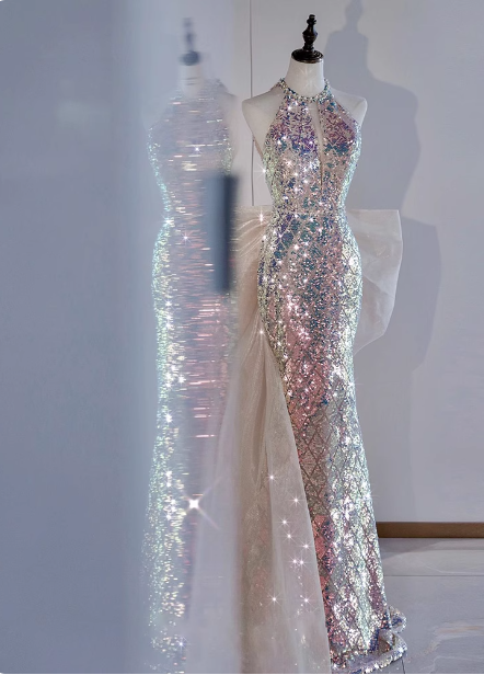Shiny Dreamy Iridescent Gradient Mermaid Halter Neck Bow Sequin Long Prom Dress Evening Dress Main image