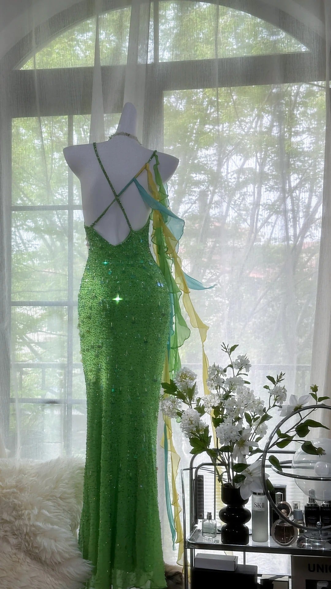 Shiny Full Beaded Heavy Green Mermaid Backless Evening Gown Prom Dress