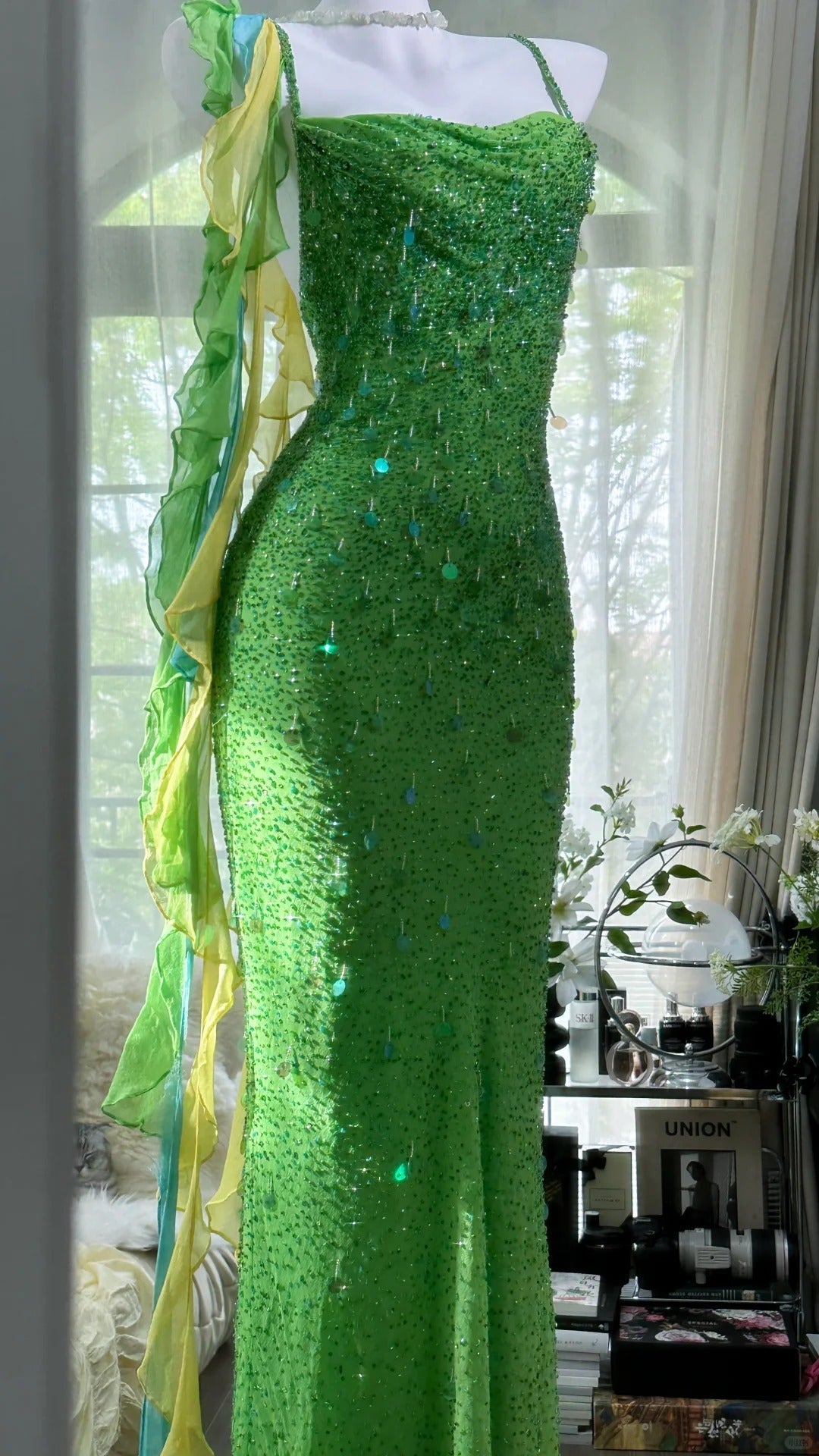 Shiny Full Beaded Heavy Green Mermaid Backless Evening Gown Prom Dress