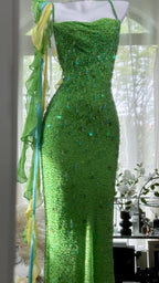 Shiny Full Beaded Heavy Green Mermaid Backless Evening Gown Prom Dress