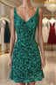 Shiny Green Sequins V Neck Short Prom Dress, V Neck Green Homecoming Dress, Green Formal Evening Dress