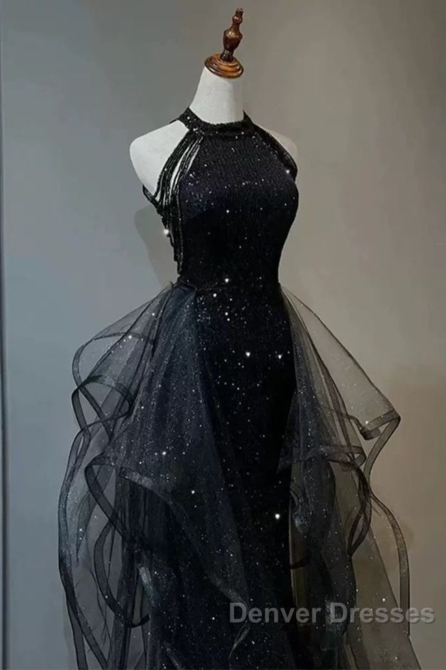 Shiny Halter Sequin Tulle Layered Long Prom Dress Black Evening Dress Wedding Dress Secondary image