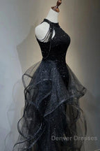 Shiny Halter Sequin Tulle Layered Long Prom Dress Black Evening Dress Wedding Dress