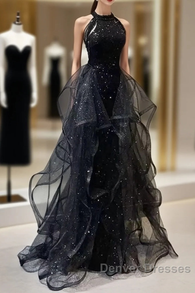 Shiny Halter Sequin Tulle Layered Long Prom Dress Black Evening Dress Wedding Dress Main image