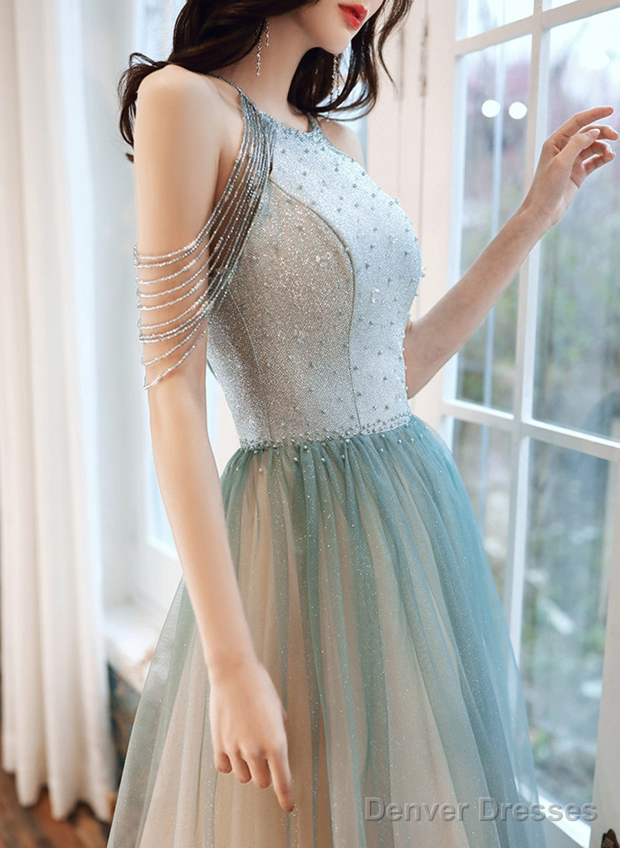 Shiny Light Green Tulle Long Halter Neckline Party Dress, A-Line Gradient Prom Dress Secondary image