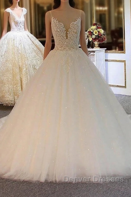 Shiny Long Ball Gown Sweetheart Spaghetti Strap Lace Tulle Wedding Dress Main image