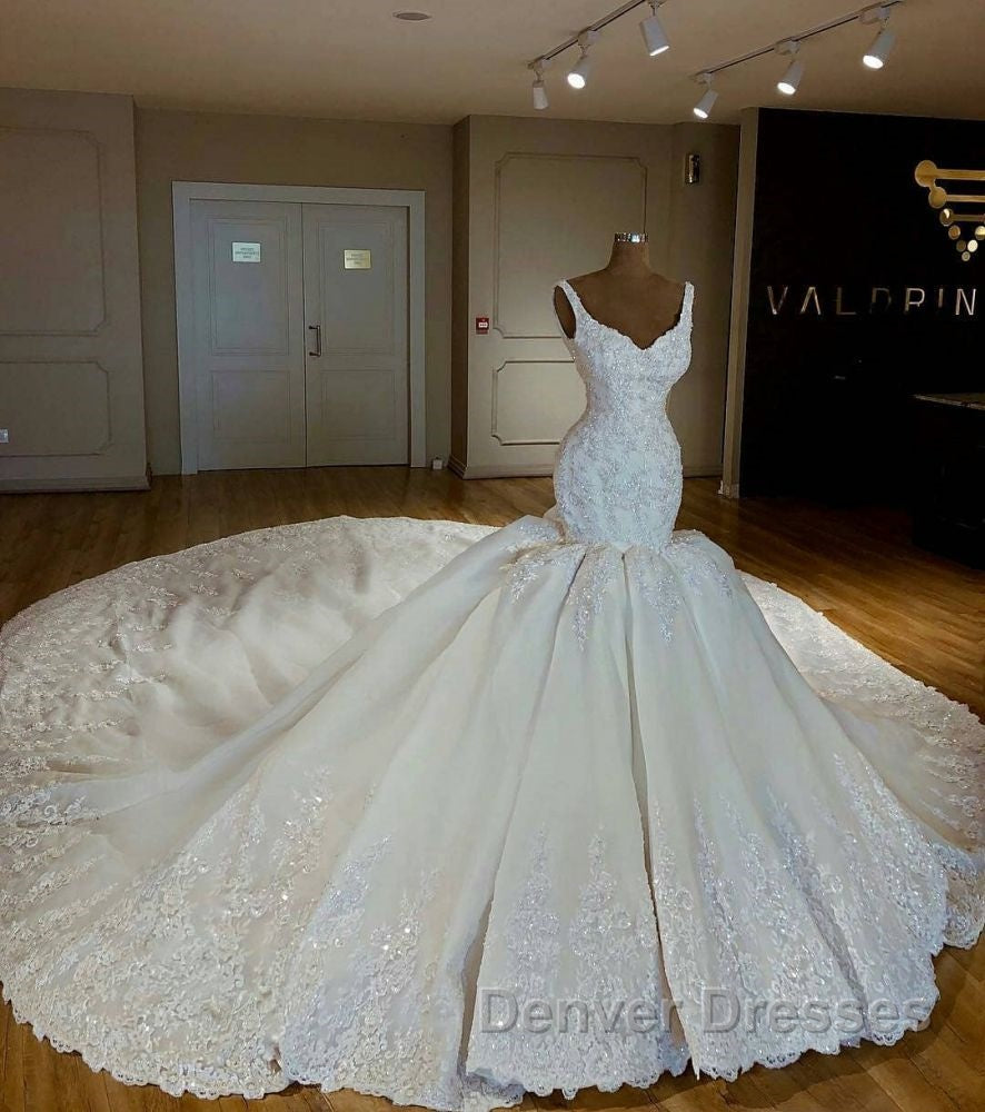 Shiny Mermaid Beading Lace Straps Applique Wedding Dress