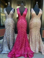 Shiny Mermaid Long V Neck Red Sequins Prom Dress