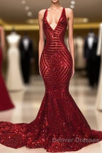 Shiny Mermaid Long V Neck Red Sequins Prom Dress